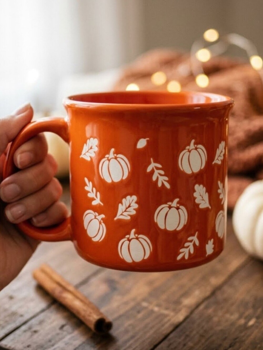 Autumn Ceramic Mug Orange Pumpkins and Leaves Coffee,  Tea, Chocolate 16oz